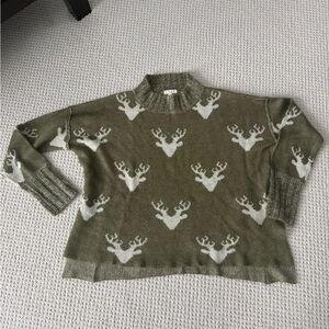 Easel Olive Green Deer Motif Mockneck Sweater